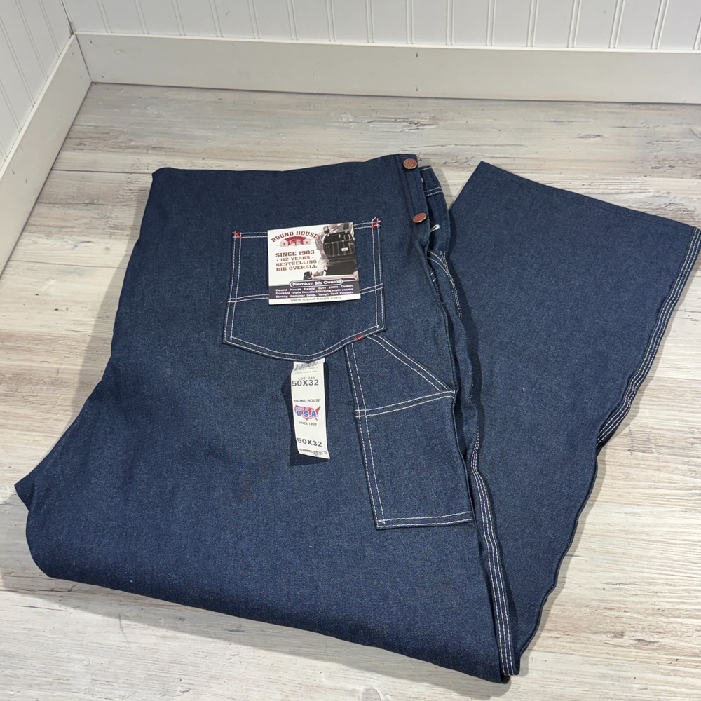 Round House DK Wash Blue Jean Denim Premium Bib Overalls 50 X 32 NWT